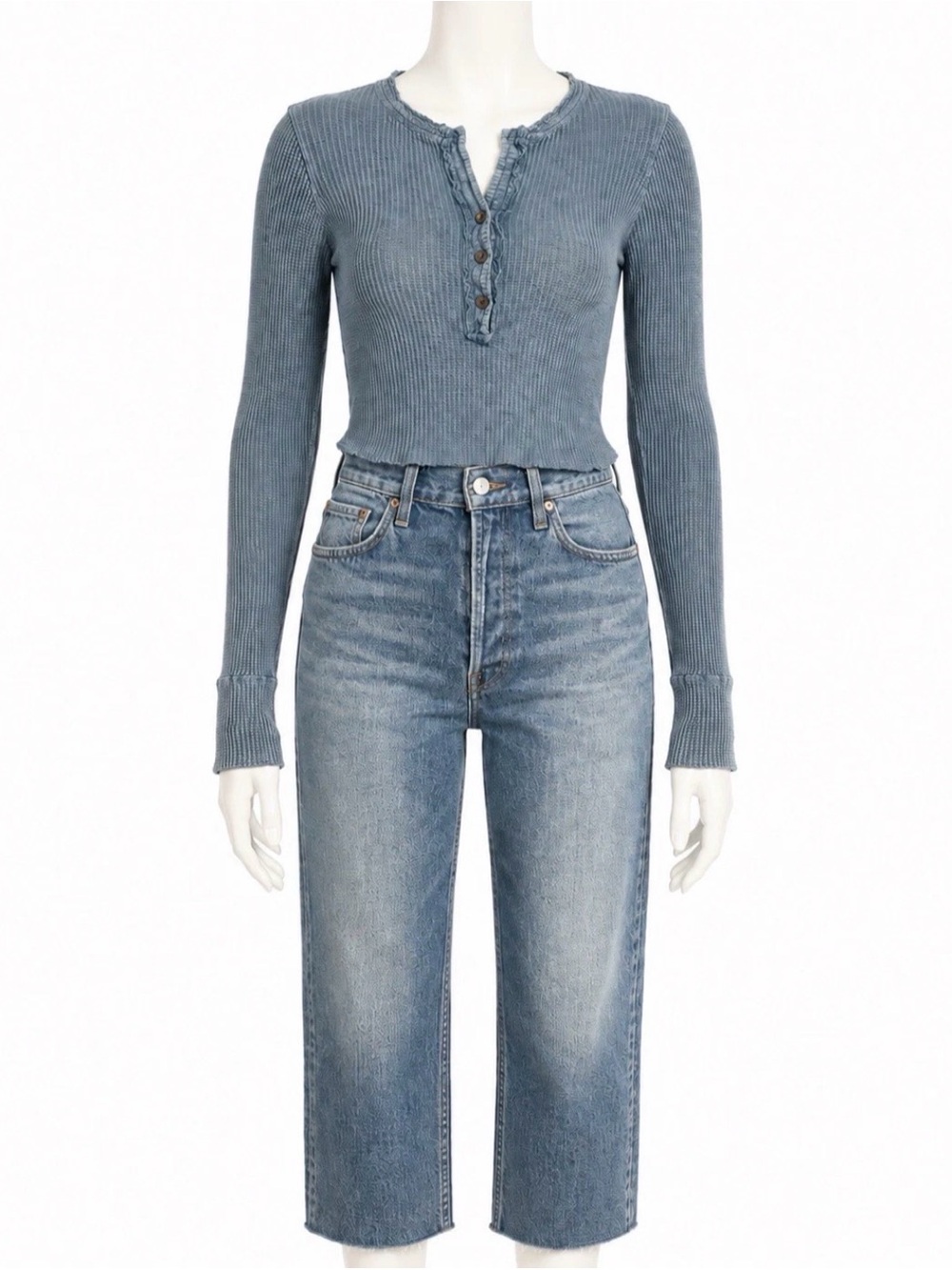 Free People FP One Blue Waffle Thermal Cropped Henley Boho Top